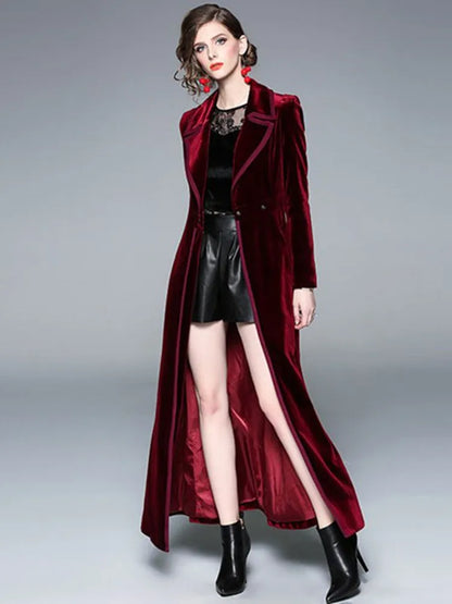 Winter Runway Designer Women Vintage Notched Collar Wrap Black Velvet Maxi Overcoat Thick Warm Pocket Long Trench Coat Outwear