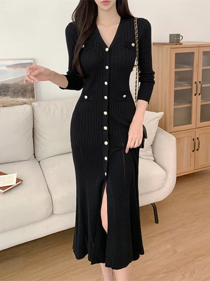 Summer Midi Dress Women Knitted Black Bodycon Korea Style Ruffle Ladies Dresses Elegant Fashion Casual Woman Dress 2023