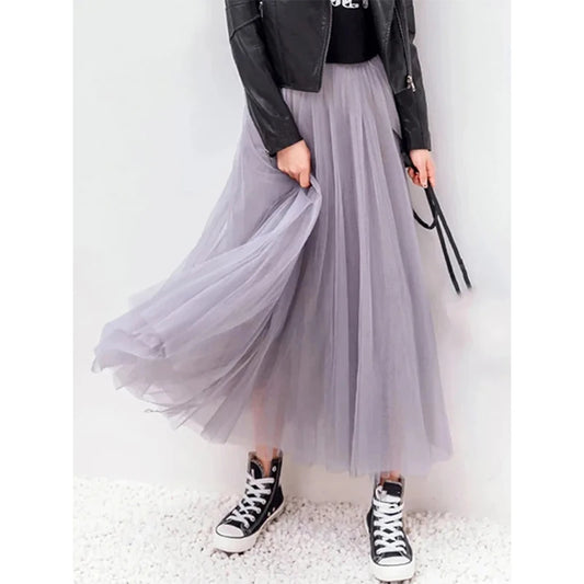 Vintage Tulle Skirt Women Streetwear Elastic High Waist Mesh Pleated Skirts Summer Elegant Korean A Line Office Ladies Skirt New