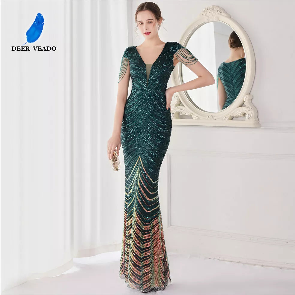 DEERVEADO Elegant V Neck Mermaid Evening Dress Long Luxury Beads Women Evening Party Dresses 2023 New Formal Dress 19085