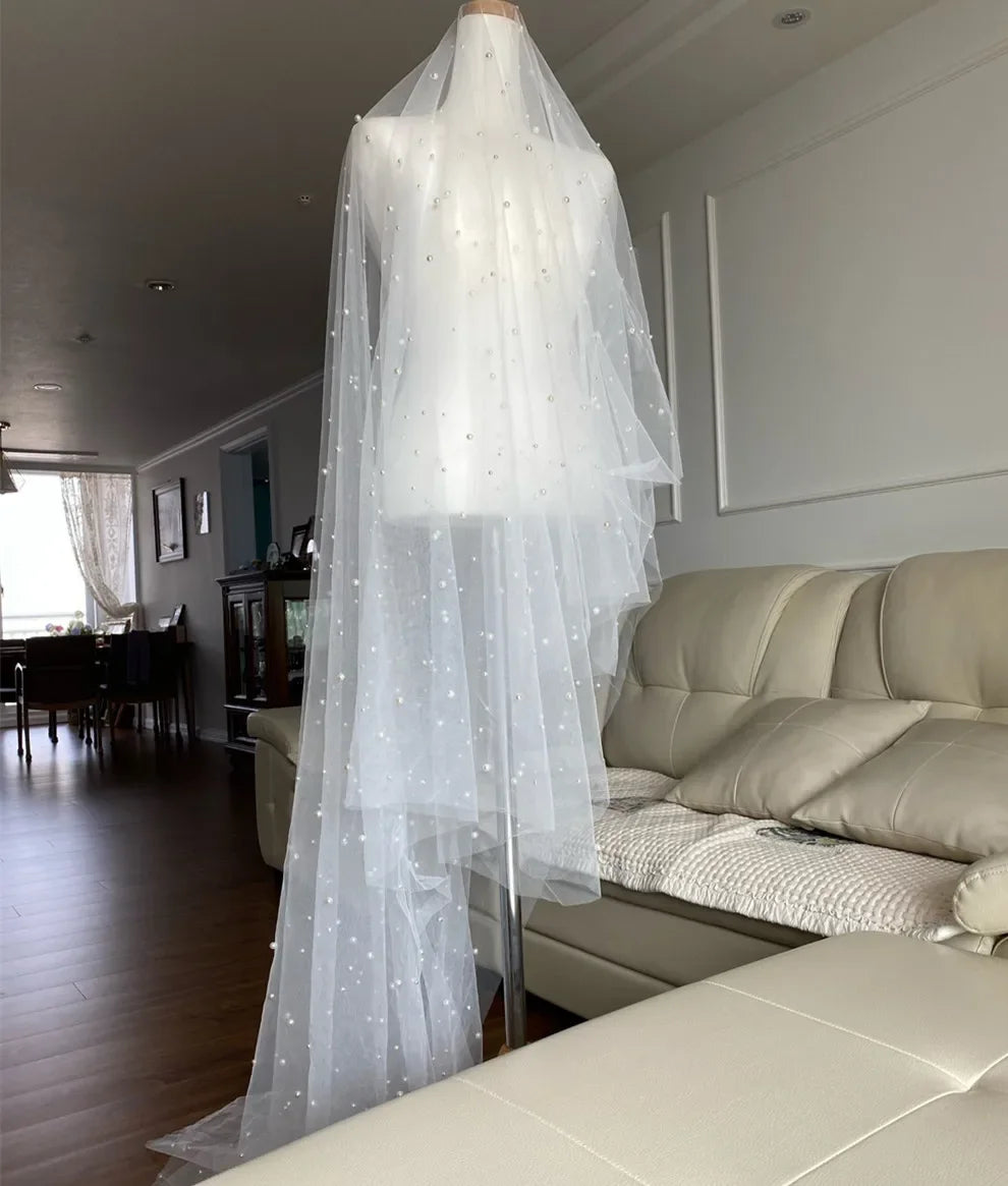 Pearls Bridal Veil 2 Tiers Blusher Wedding Veil Drop Veil Face-Covered With Comb White/Ivory Velos de Noiva Bead Cathedral 300cm