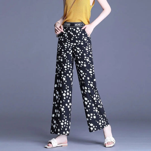 Summer Casual Floral Print Wide Leg Pants for #Women Korean Fashion Elastic High Waist Loose Straight Trousers Female Clothing