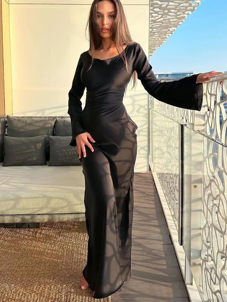 Tossy Black Satin Bandage Maxi Dress Women Slin High Waist Fashion Patchwork Elegant Long Sleeve Dress Ladies Gown Long Dress