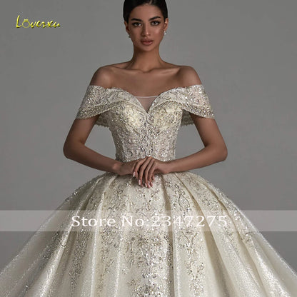 Loverxu Luxury Princess Wedding Dresses 2024 Sweetheart Off The Shoulder Robe De Mariee Shiny Lace Beaded Ball Gown Bride Dress