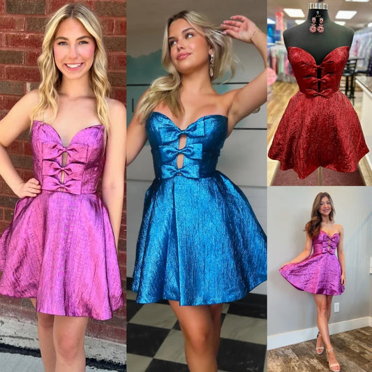 Metallic Brocade Cocktail Party Dress Bow Pink Back-to-School Little Black Sweet 16 Semi Formal Event Hoco Gala Gown Black-Tie