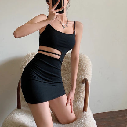 Hot Fashion Women Sexy Bodycon Mini Dress Sleeveless Spaghetti Strap Solid Color Cutout Dress