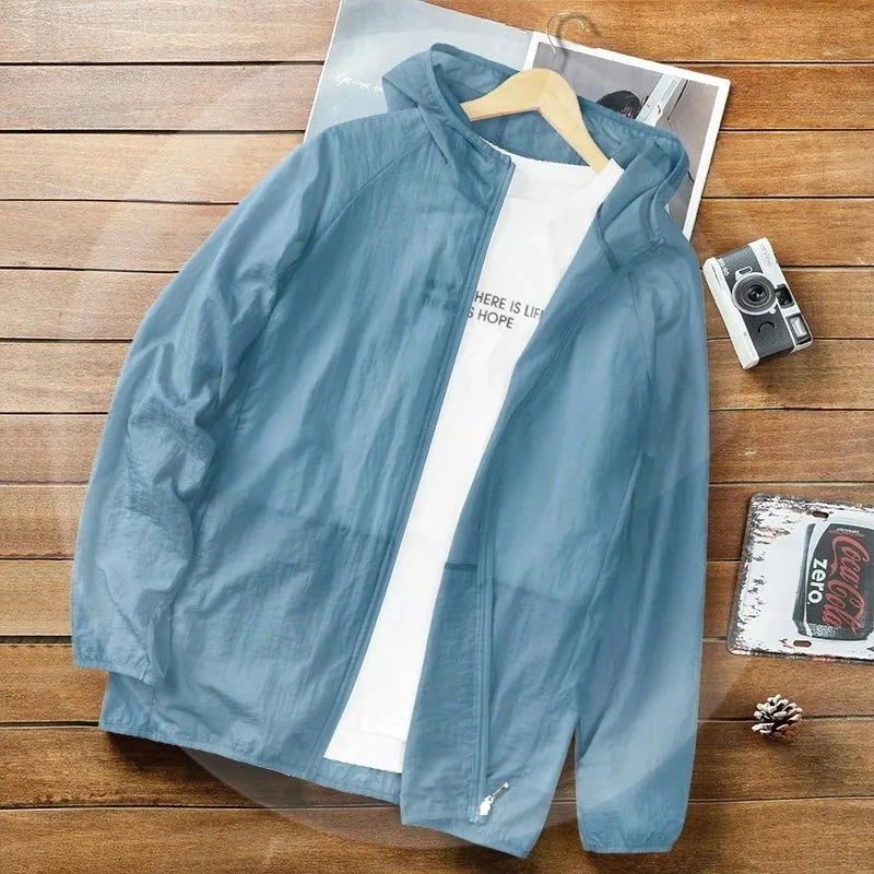 Men's Ice Silk Clothing Summer Sun Protection Ultra-Thin Hooded Jacket Beach Topcoat Outdoor Waterproof Cool Quick-Drying Coat