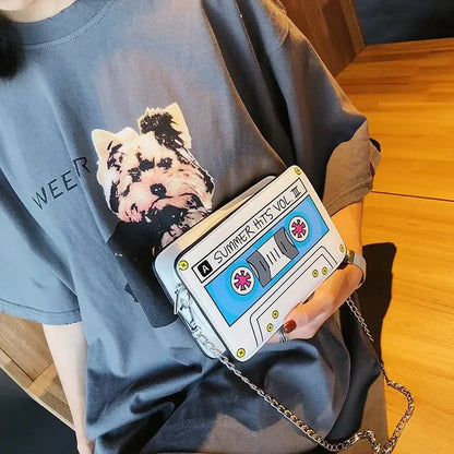 Summer Small Shoulder Bag Tape Recorder Women's Bags Cute Funny Cartoon Pu Leather Chain Crossbody Bag Female Day Clutches