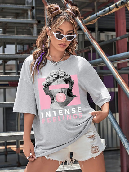 INTENSE FEELINGS Street Hip Hop Female T-Shirts Loose Oversize Short Sleeve Soft Cotton Soft Tops Summer Breathable Tee Clothing
