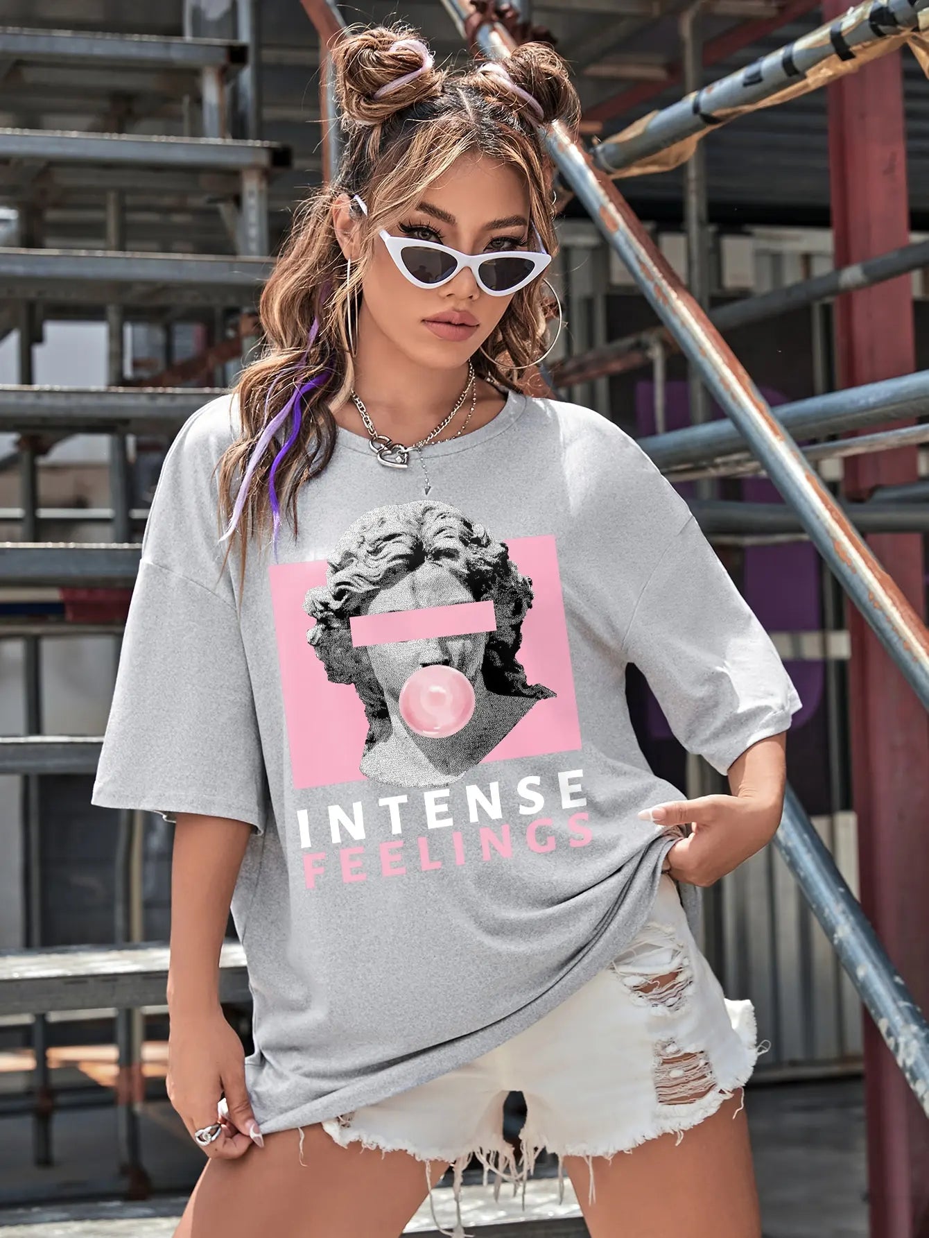 INTENSE FEELINGS Street Hip Hop Female T-Shirts Loose Oversize Short Sleeve Soft Cotton Soft Tops Summer Breathable Tee Clothing