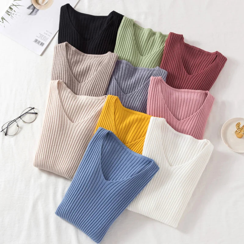 Autumn Winter Women Sweaters Casual Long Sleeve Knitted V Neck Pullover Sweater Femme Basic Solid Jersey Tops Fashion Clothes