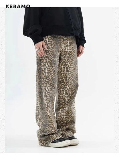 Vintage Leopard Print Jeans Women Spring Oversize Casual Hip Pop Wide Leg Trouser Trend High Waist Panther Denim Pants Ladies