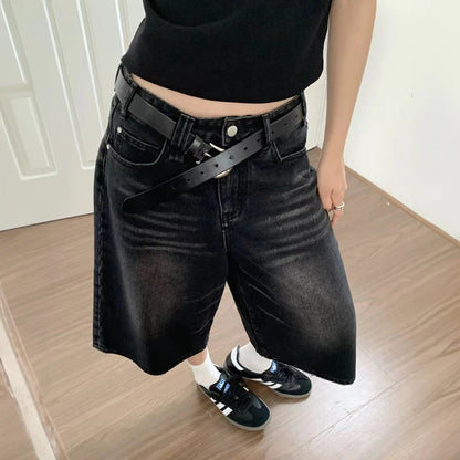 Women Black Y2k Style Baggy Denim Shorts Wide Leg Short Pants Fashion High Waisted Dark Wash Knee Length Jeans Female Casual