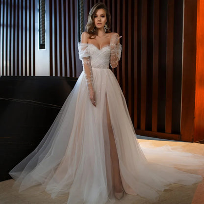 Soft Tulle Boho Wedding Dress Long Sleeves Sweetheart Pearls Bride Gowns Beach Front Split Formal Party Evening Gowns