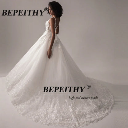 BEPEITHY Deep V Neck Lace Wedding Dress 2022 For Women Indian Bride Princess Ivory Bridal Bouquet Gown Sleeveless Court Train