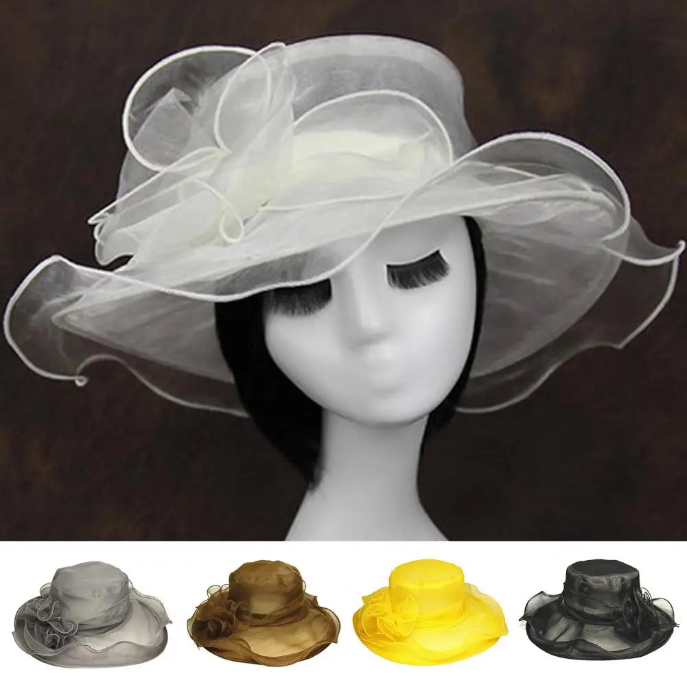 Stylish Lady Party Cap Royal Flat Top BIg Brim Lady Party Cap  Anti-UV Women Sun Hat Headwear