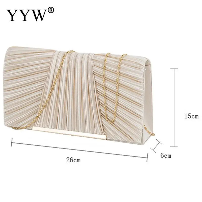 Elegant Pleated Satin Women Party Handbag Solid Color Envelope Flap Clutch Purse Ladies Metal Chain Wedding Prom Messenger Bag