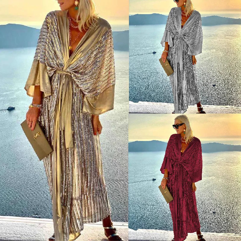 2024 Cover Up Women Bohemian Maxi Long Kimono Tunic Cape Beach Dress Fashion Vintage Sequin Cardigan Party Gold Red Female