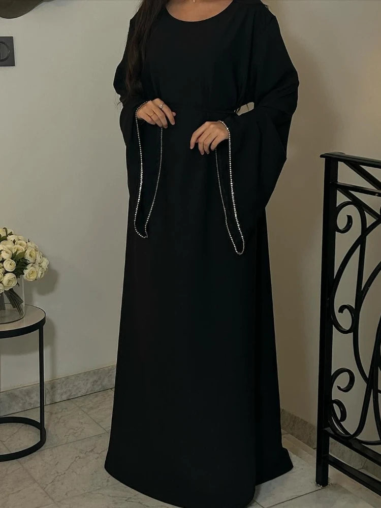 Eid Ramadan Party Dress for Women Muslim Abaya Diamond Flare Sleeve Long Dress Belt Morocco Kaftan Vestidos Dubai Robe Jalabiya