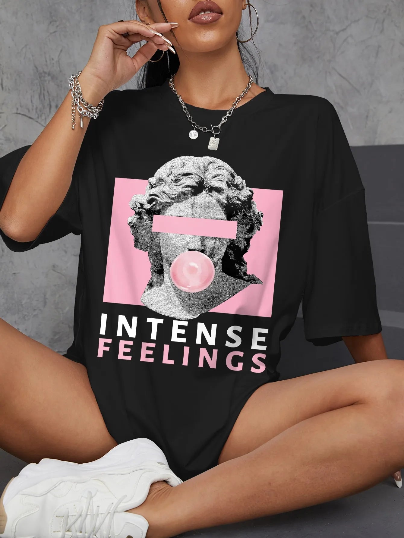 INTENSE FEELINGS Street Hip Hop Female T-Shirts Loose Oversize Short Sleeve Soft Cotton Soft Tops Summer Breathable Tee Clothing