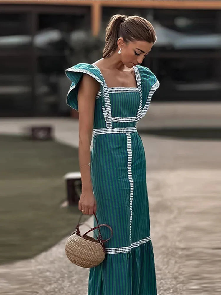 Vintage Square Collar Patchwork Maxi Dress Women 2024 High Waist Fly Sleeve Dresses Female Elegant Summer Chic Beach Long Dress