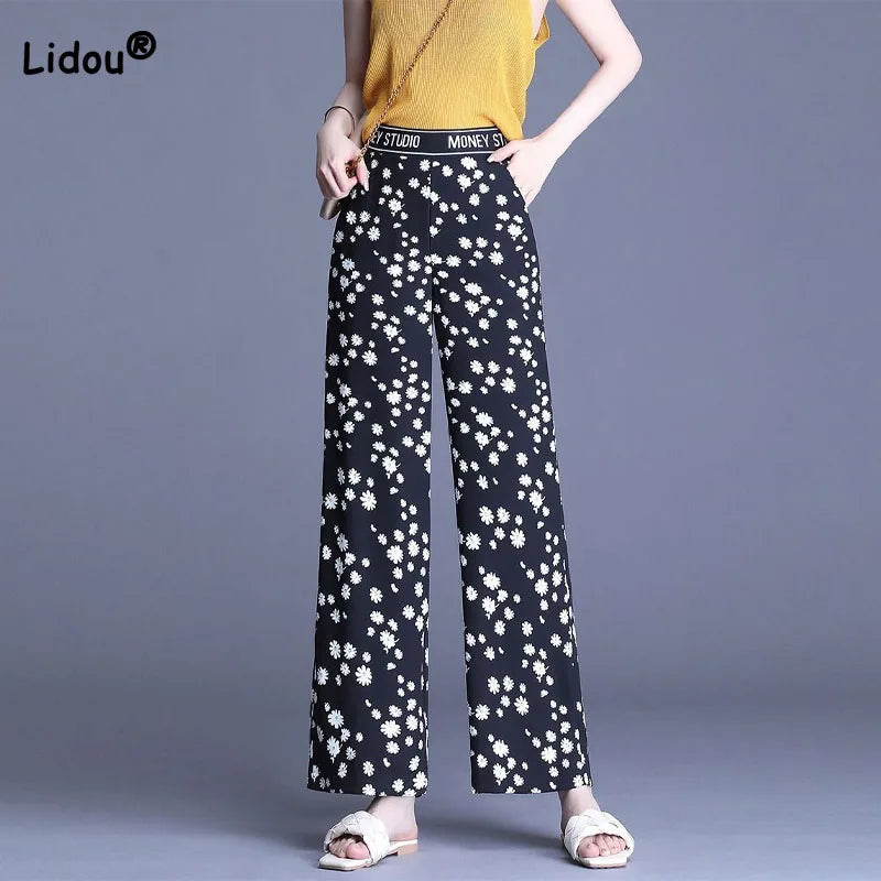 Summer Casual Floral Print Wide Leg Pants for #Women Korean Fashion Elastic High Waist Loose Straight Trousers Female Clothing