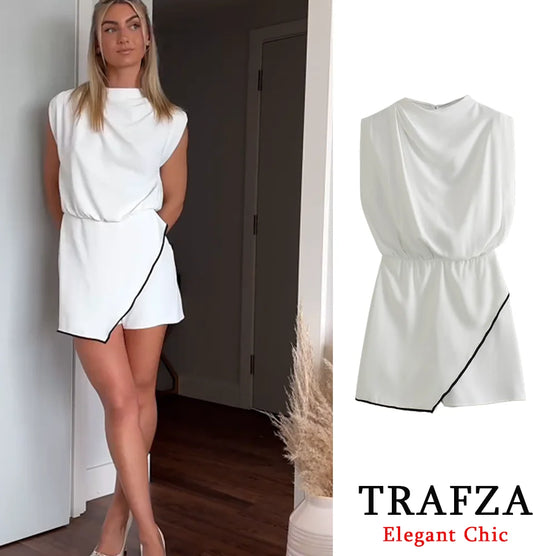 TRAFZA Casual Basic Cinch Waist Jumpsuit Women's Sleeveless Piping Minimalist Jumpsuit New 2024 Summer Fasion Romantic Jumpsuit