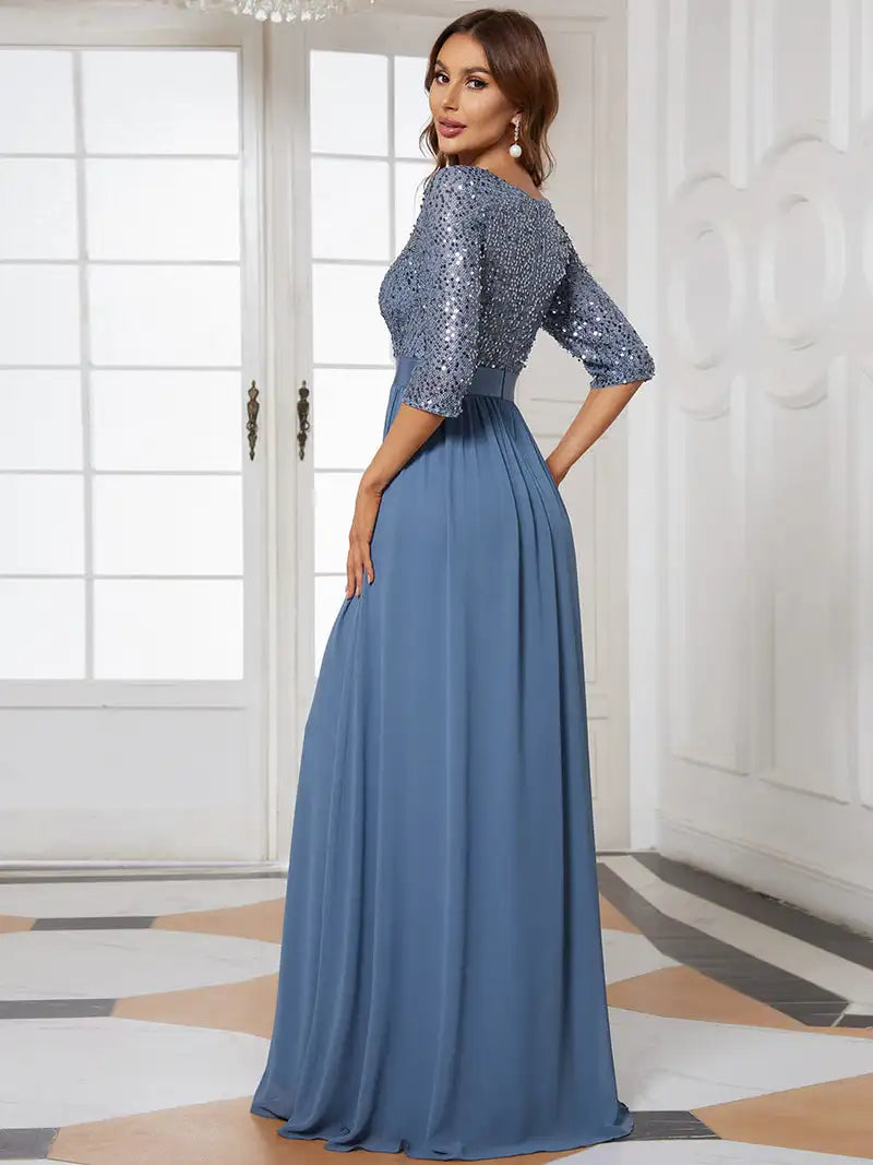 Elegant Evening Dresses A-LINE Chiffon Sleeve Crew Neck 2024 ever pretty of Dusty Navy Simple Sequins Bridesmaid dress Women