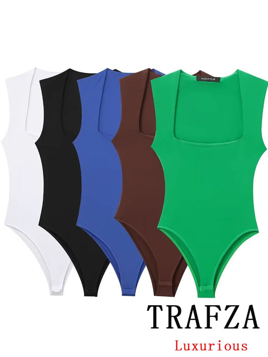 TRAFZA Sexy Vintage Chic Bodysuits Solid Square Collar Sleeveless Slim Bodysuits New Fashion 2024  Summer Female Jumpsuits