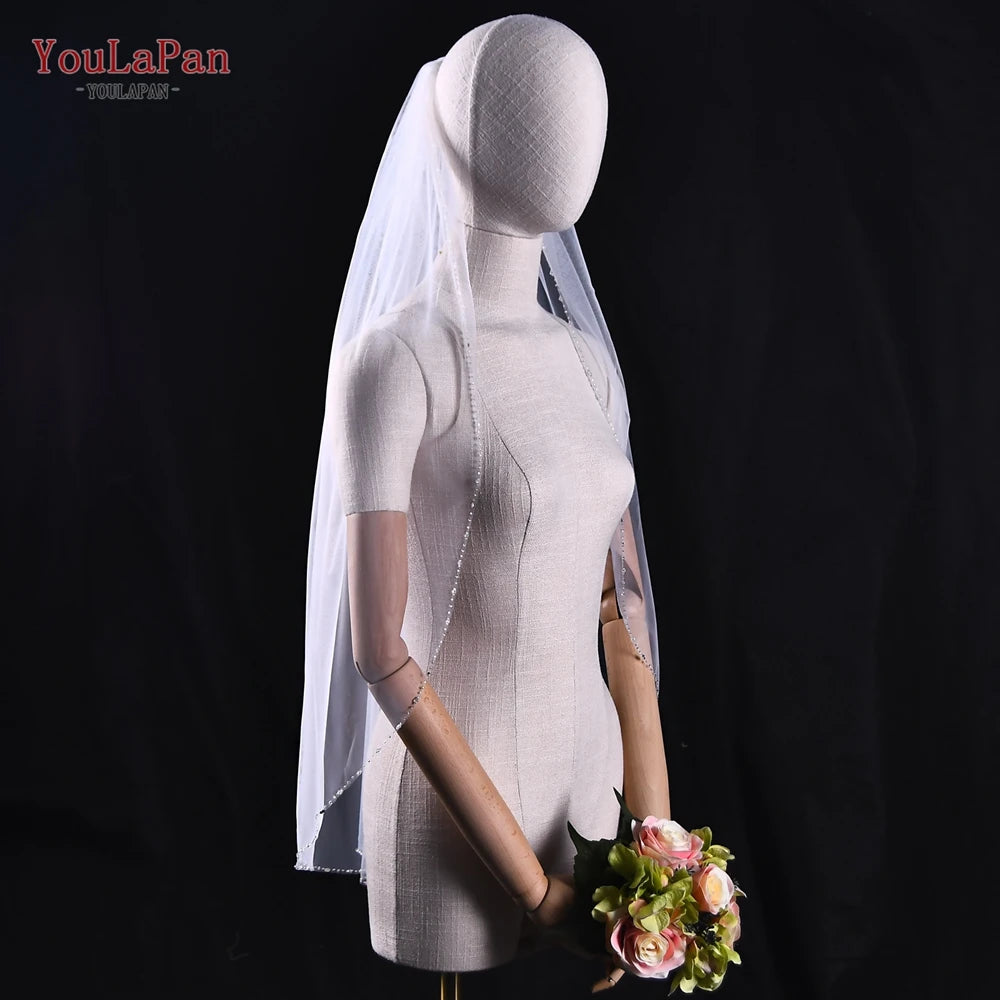 YouLaPan V31 Wedding Veil with Crystal Edge Bridal Veils Wedding Crystal Organza Beaded Sparkly Veil Short Veil with Comb