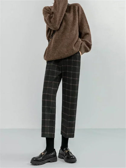 Seoulish 2023 New Autumn Winter Woolen Plaid Women Formal Straight Pants High Waist Ankle-Length Chic Loose Ladies Pants Pocket