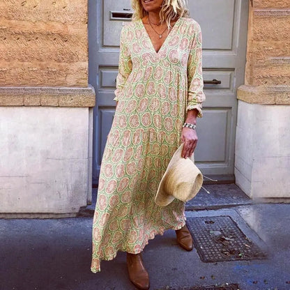 Retro Summer Women Dress Printed V Neck Shirring Edge Long Sleeves Loose Pullover Plus Size Bohemian Maxi Dress