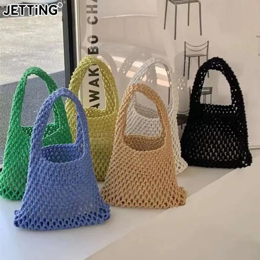 Summer Hand Woven Tote Bags Knitting Crochet Beach Shoulder Bag Hollow Out Handbag Ladies Knitting Straw Rope Underarm Bag