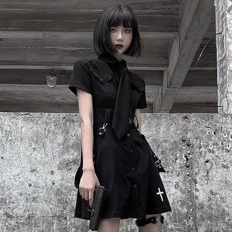 QWEEK Goth Dress Punk Gothic Harajuku Summer Black Mini Dress Shirt Women 2024 Short Sleeve Emo Clothes Mall Goth Dark Academia