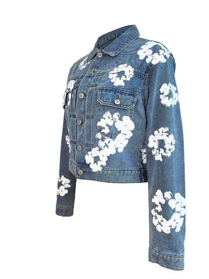 Floral Print Denim Jackets Women Fashion Casual Turn Down Collar Long Sleeve Single Breated Jeans Coat Streetwear Tops Outwear