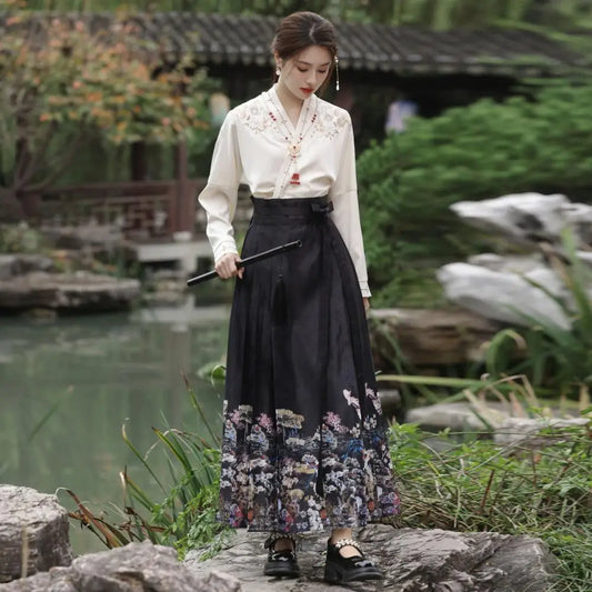 Women Top Horse-face Skirt Suit Wrapped Floral Embroidery High Waist Lace-up Pleated Printed Skirt Hanfu Costume Mamianqun Outf