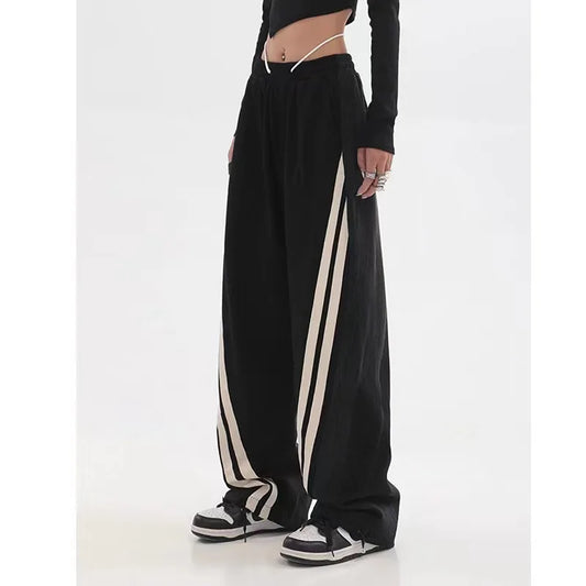 Women Early Spring High Waist Contrast Color Drawstring Tie Up Sweatpants High Street Wide Leg Straight Cylinder Lady Trousers