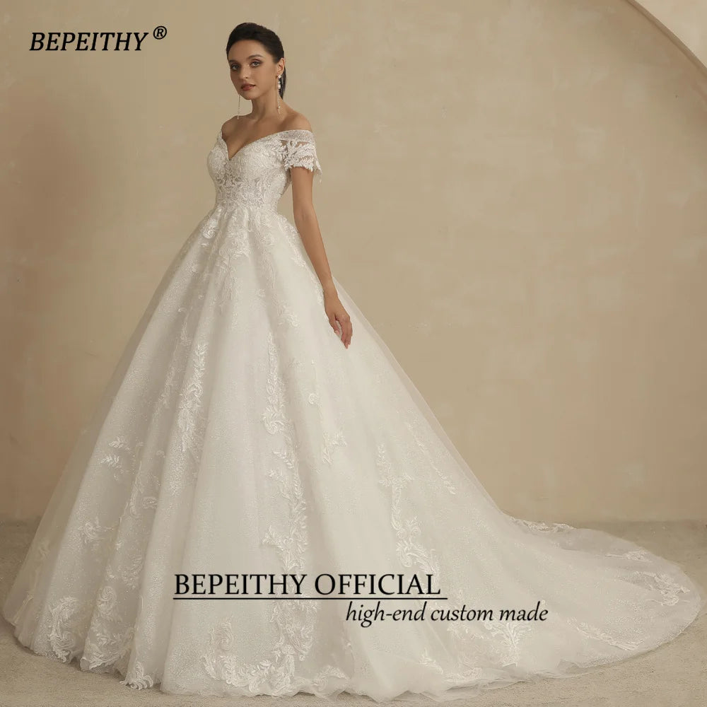 BEPEITHY Princess Glitter Wedding Dresses For Women 2022 Bride Romantic Lace Sleeveless Boho Bridal Gown France Robe De Soiree