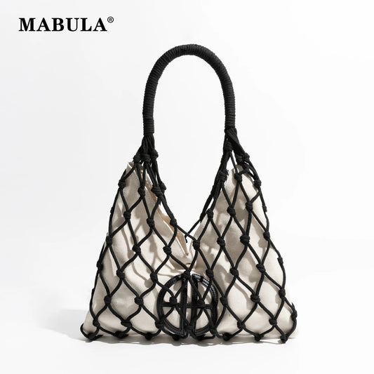 MABULA Cotton Rope Knit Summer Fishing Net Bag for Women Woven Aesthetic Hollow Crochet Beach Purse Big Travel Handbag Shopping