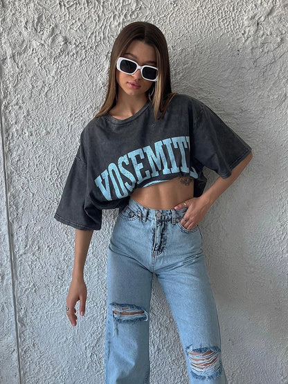 Hirsionsan Acid Washed T Shirt Women Vintage Cotton T-shirts Streetwear Soft Mineral Tees Girl Loose Luxury Brand Tops Y2k