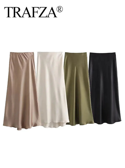 TRAFZA Women Elegant Solid Satin Long Skirt Chic Y2K High Waist Slim Skirts Female Fashion Silk Texture Ladies Tight Midi Skirt