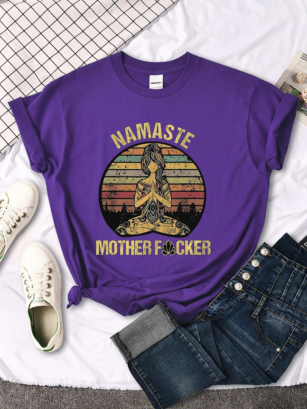 Vintage Namaste Mother Explicit Pattern Women T-Shirt O-Neck Creative T Shirts Fashion Breathable Crop Top Casual Sport T Shirt