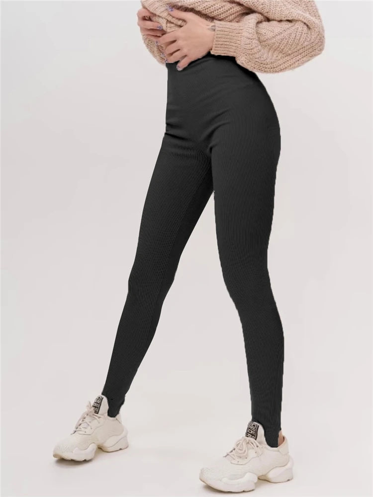 Tossy Black Ribbed Knit Leggings Women High Waist Cotton Fitness Basic Pants Casual Spring New All-Match Female Skinny Leggings