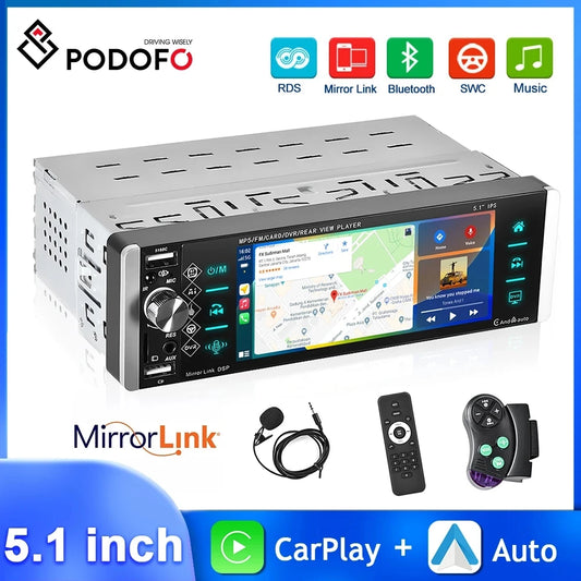 Podofo 5.1 Inch 1din Car Radio Carplay HD Touch Screen AI Voice Universal MP5 Multimedia Video Player Tape Recorder AUX DVR FM