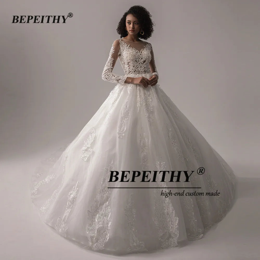 BEPEITHY Lace Wedding Dresses For Women 2023 Spring Princesss Vintage O Neck Long Sleeves Bridal Ball Gown Vestidos De Novias