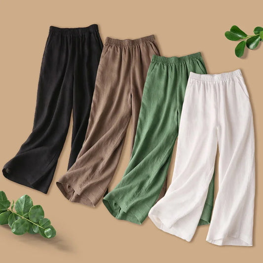 Summer Cotton Linen Wide Leg Pants for Women Pants Full Length Casual Pants Female Solid Loose High Waist Straight Trousers