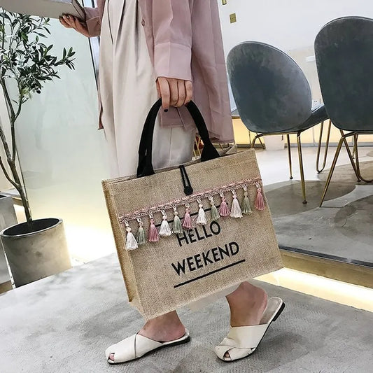 Women Summer Beach Bag Handbags Large Capacity Lady Tassel Shoulder Bag Big Letter Linen Totes Casual Girls Travel Shopping Bag