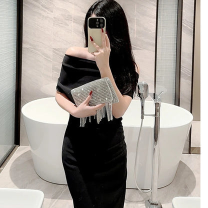 Stylish Rhinestone Glitter Tassel Evening Bag Women Elegant Formal Occasion Shoulder Bag Lady Wedding Clutch Prom Party Handbag