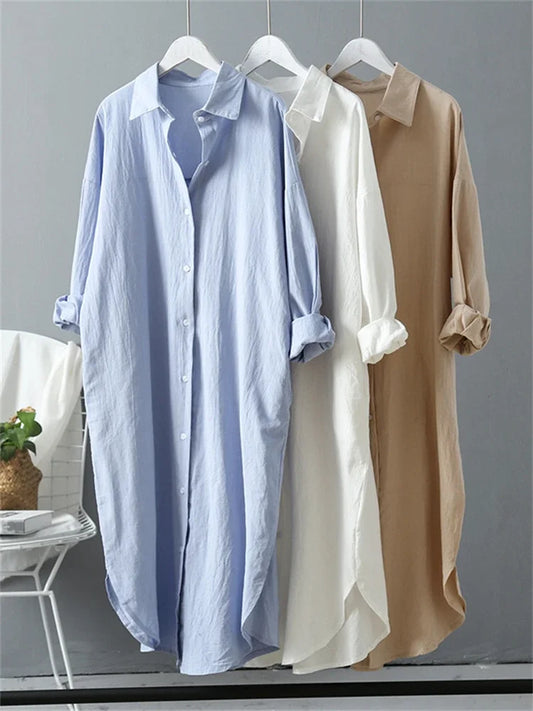 Women Long Sleeve Long Shirt Dress Spring Summer Casual Buttons Loose Clothes Robe Femme Vestido