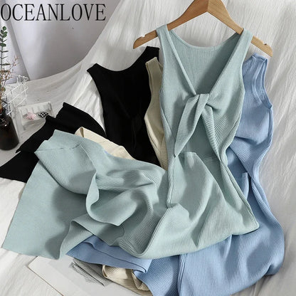 OCEANLOVE Korean Knitted Robe Femme Summer V Neck Sleeveless Kink Hollow Out Sexy Slim Bodycon Dress Split Fork Long Vestidos